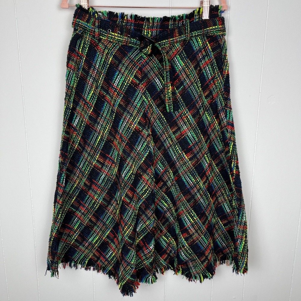 Zara Woman Tweed Plaid Midi Skirt Size XL Fringe Green Holiday Dark Academia